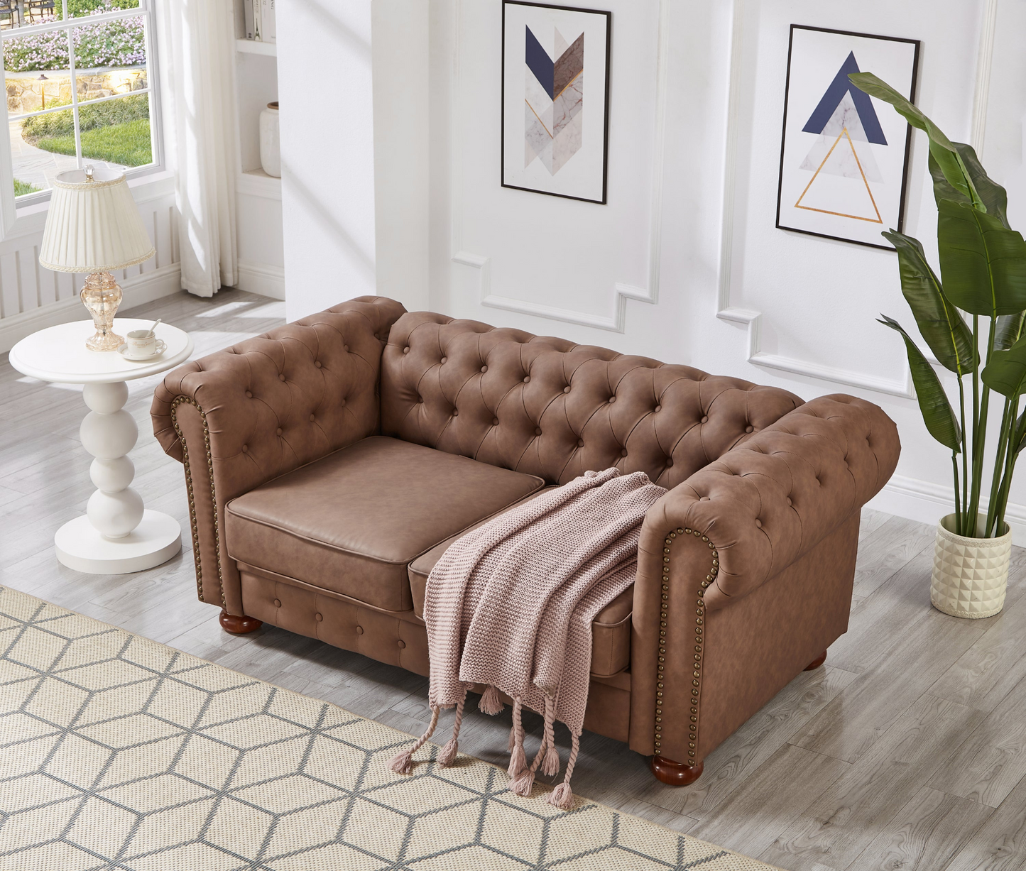 Classic Chesterfield Sofa Loveseat for Living Room Brown Faux Leather