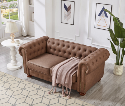Classic Chesterfield Sofa Loveseat for Living Room Brown Faux Leather