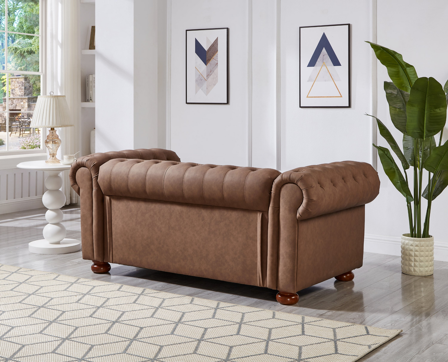 Classic Chesterfield Sofa Loveseat for Living Room Brown Faux Leather