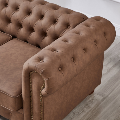 Classic Chesterfield Sofa Loveseat for Living Room Brown Faux Leather