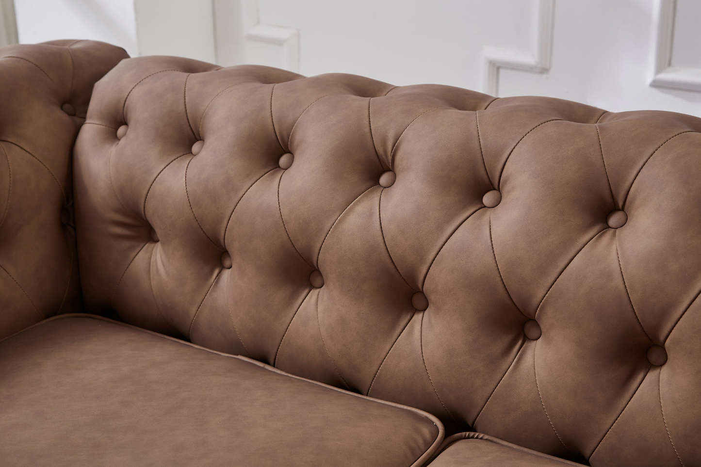 Classic Chesterfield Sofa Loveseat for Living Room Brown Faux Leather