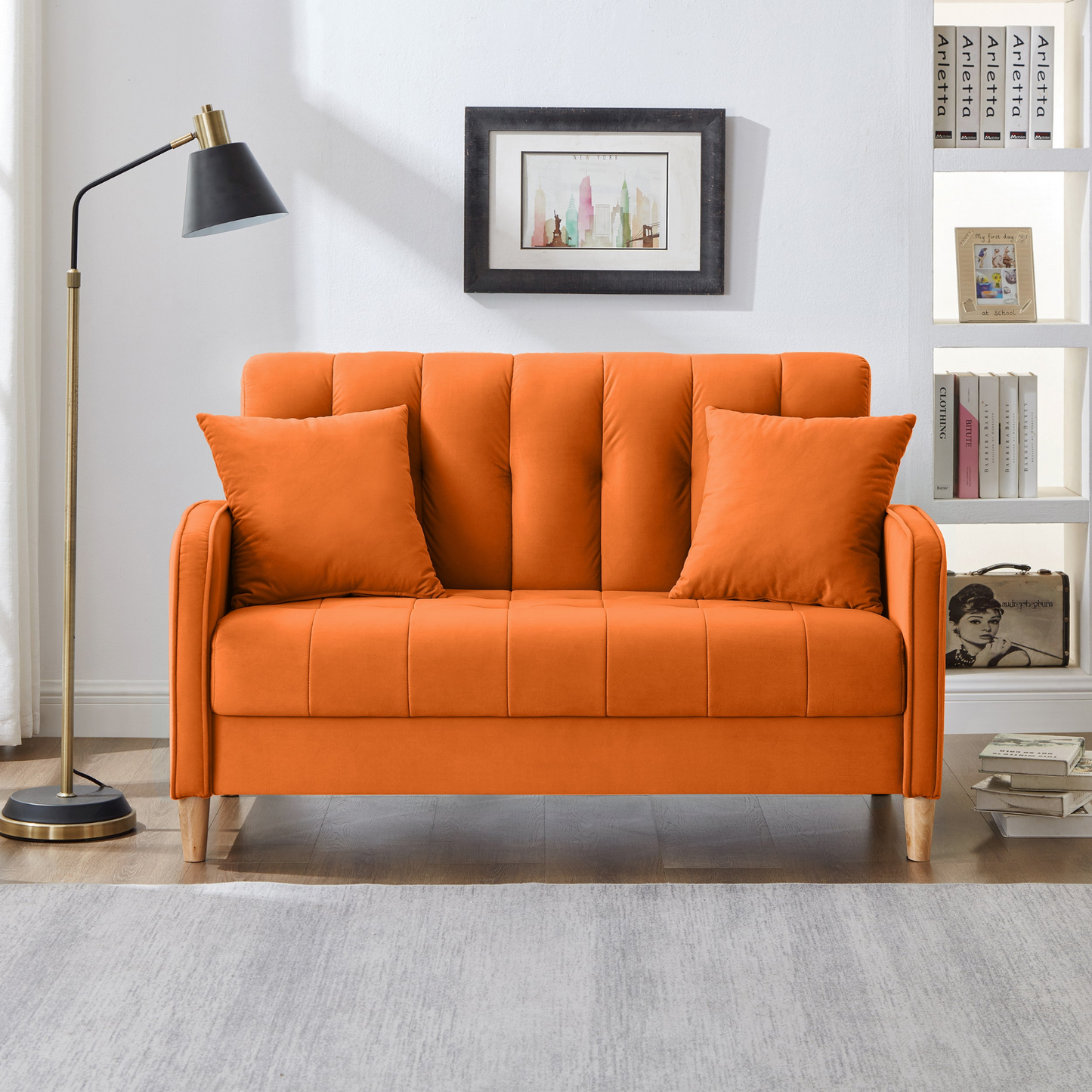 Modern Design Couch for Living Room Department Small Space Loveseat Smooth Velvet Upholstered Tufted Sofa Orange