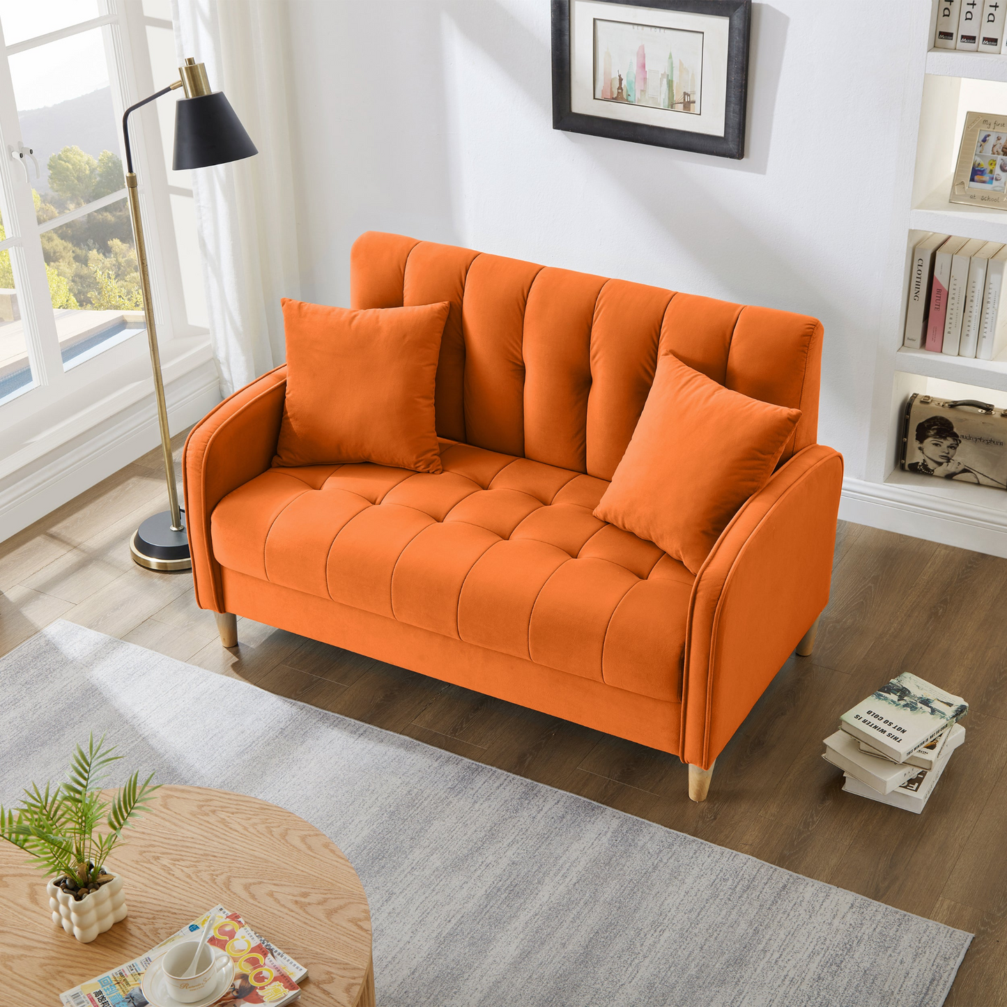 Modern Design Couch for Living Room Department Small Space Loveseat Smooth Velvet Upholstered Tufted Sofa Orange