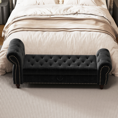 64.5" Bed Bench for Bed Room Nails Tufted Chaise of Lounge with Storage Velvet Upholstery Black