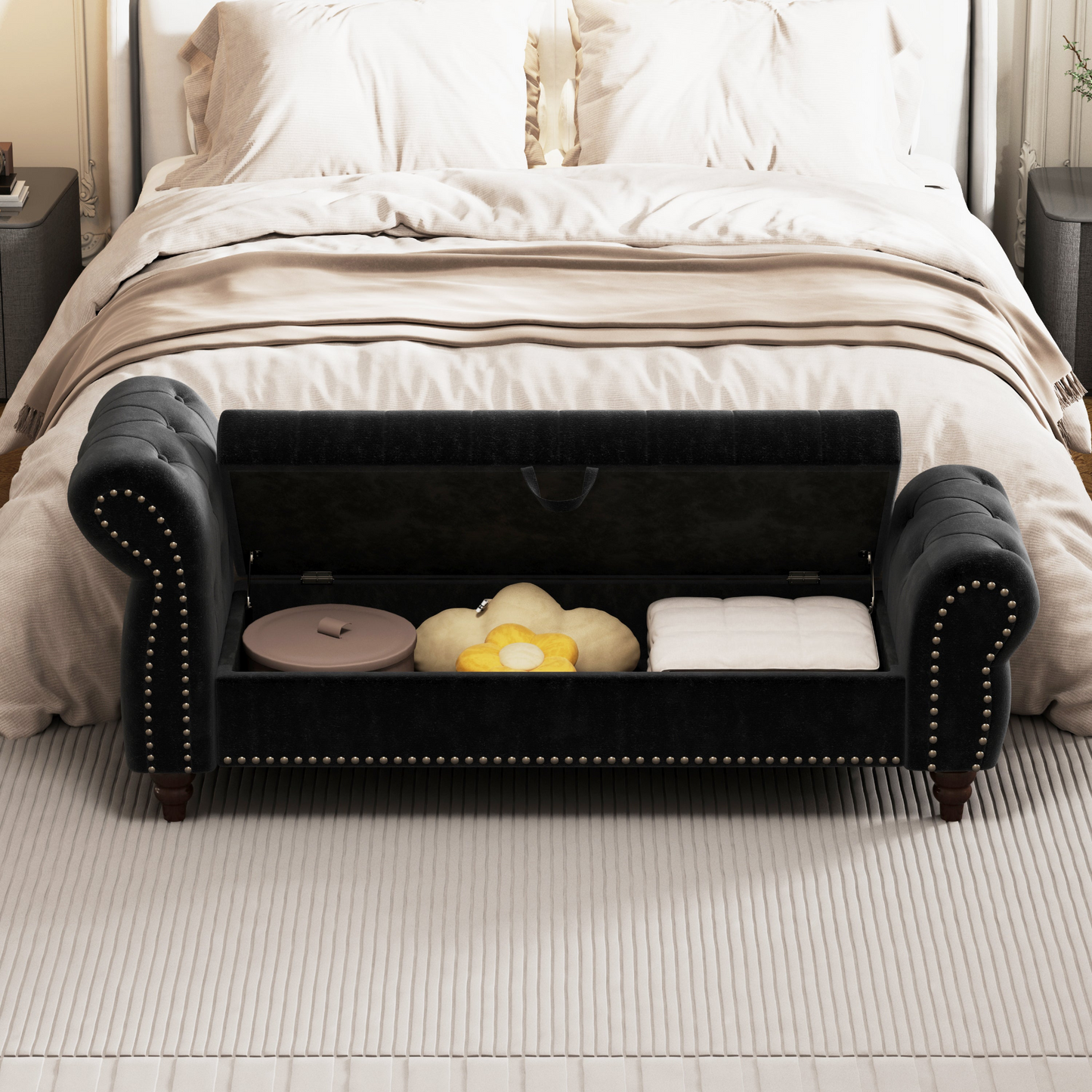64.5" Bed Bench for Bed Room Nails Tufted Chaise of Lounge with Storage Velvet Upholstery Black