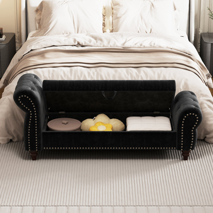 64.5" Bed Bench for Bed Room Nails Tufted Chaise of Lounge with Storage Velvet Upholstery Black