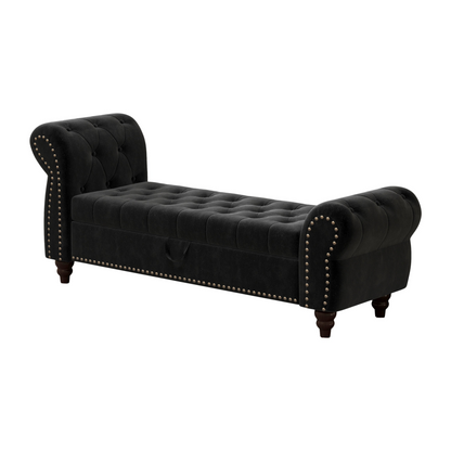 64.5" Bed Bench for Bed Room Nails Tufted Chaise of Lounge with Storage Velvet Upholstery Black