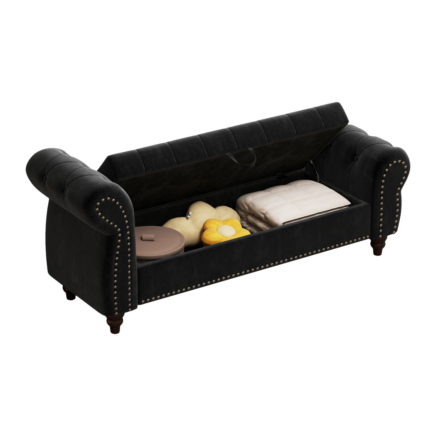 64.5" Bed Bench for Bed Room Nails Tufted Chaise of Lounge with Storage Velvet Upholstery Black