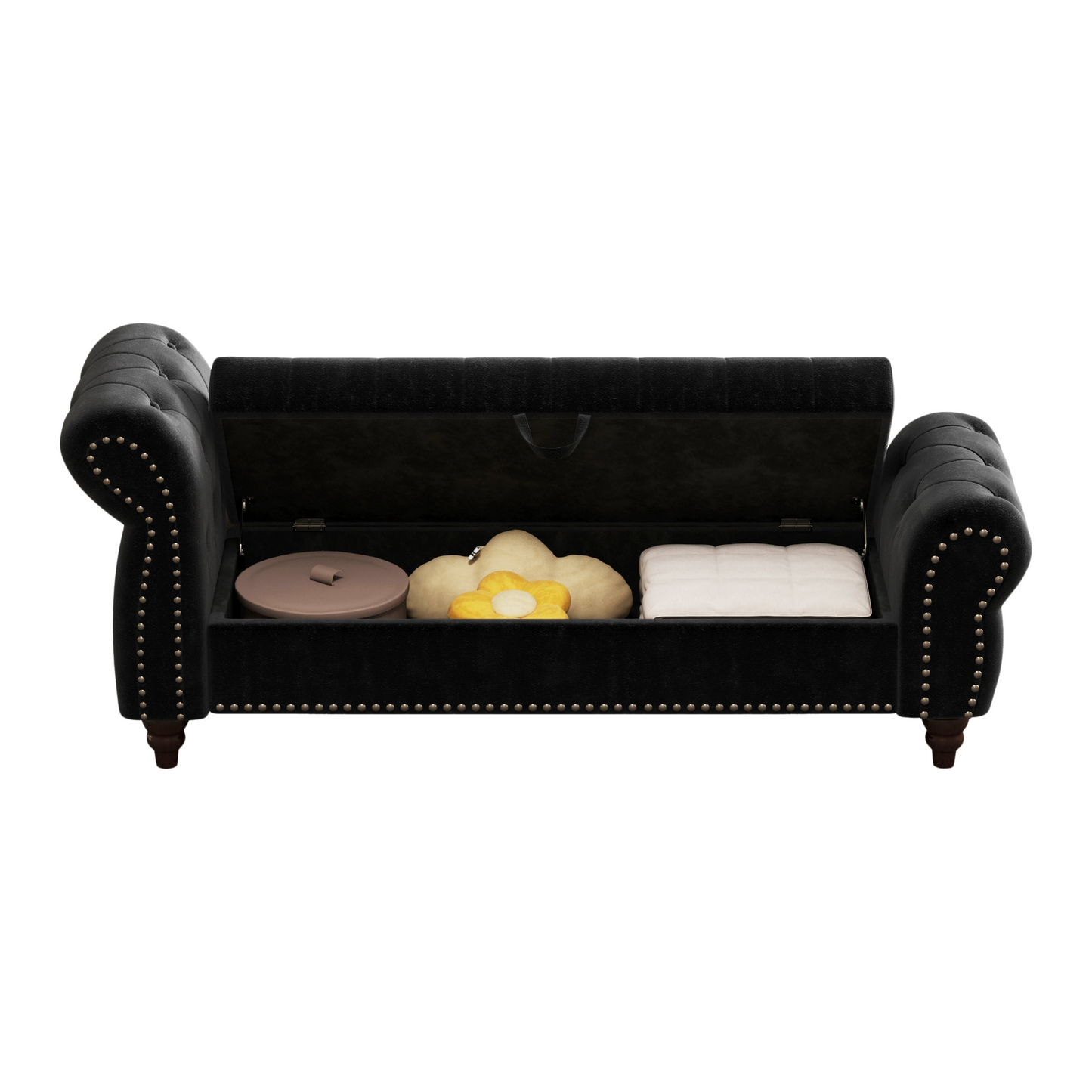 64.5" Bed Bench for Bed Room Nails Tufted Chaise of Lounge with Storage Velvet Upholstery Black