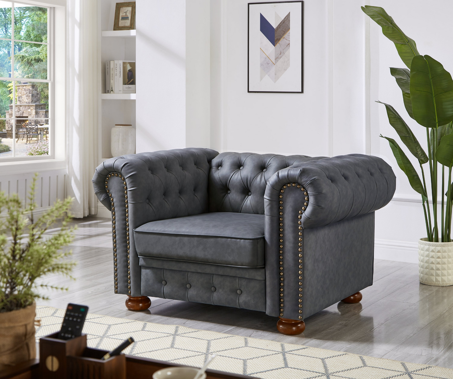 Classic Chesterfield Sofa Chair for Living Room Grey Faux Leather