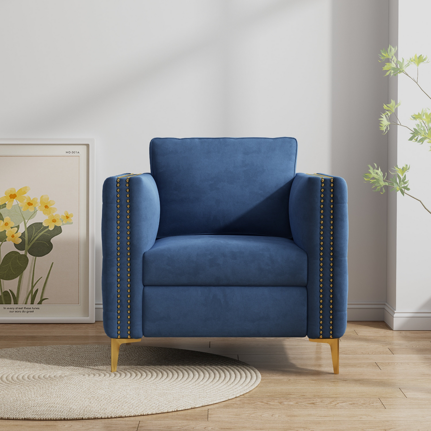 Accent Chair for Living Room Upholstered  Arm Chair with Metal Legs Navy Blue Velvet