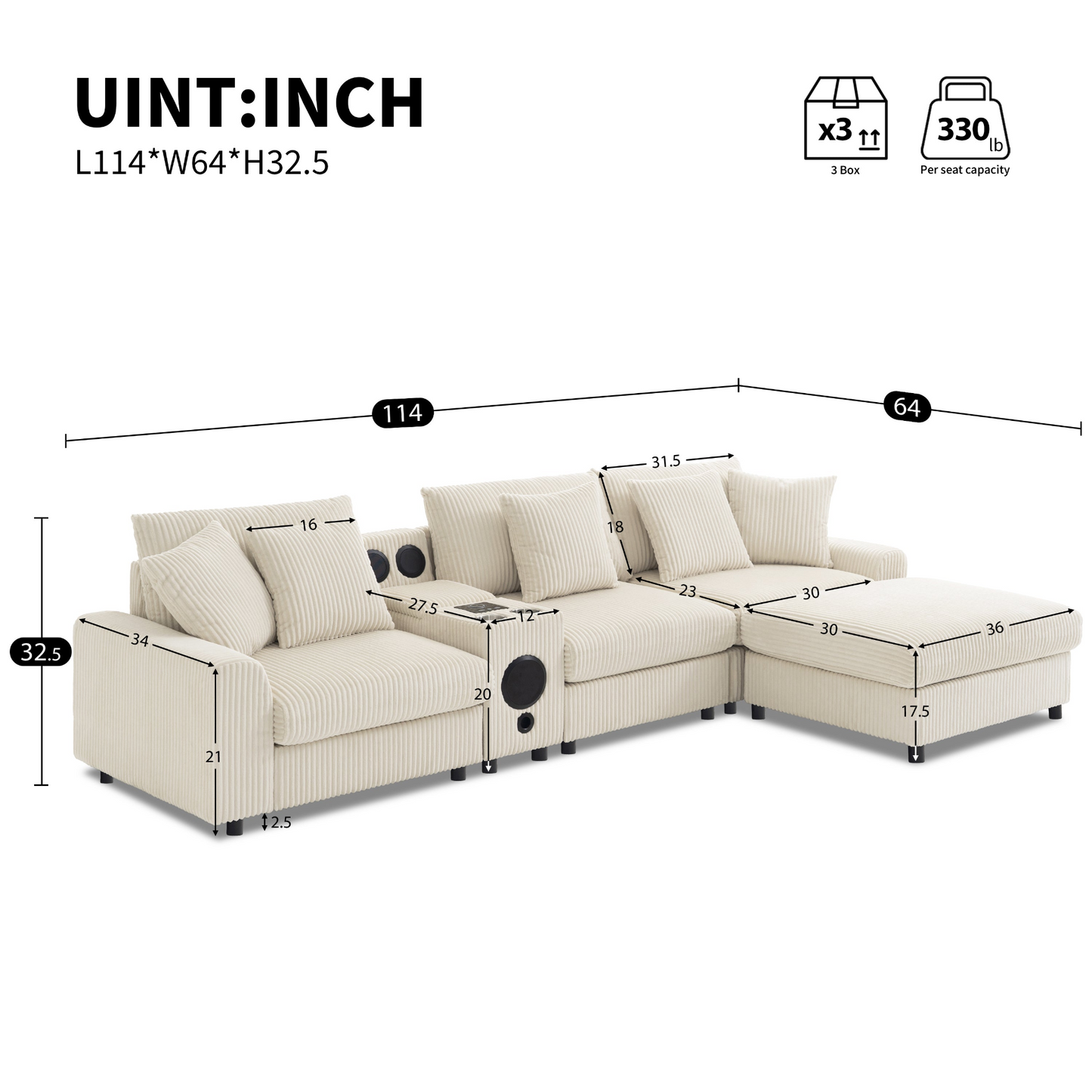 114*64'' Corduroy Sectional Sofa with Bluetooth Speakers,L Shaped Couch with Console,USB Charger,Cup Holders,Storage,Ottoman,Deep and Wide Seat Cloud Sofa for Living Room,Apartment,2 Colors