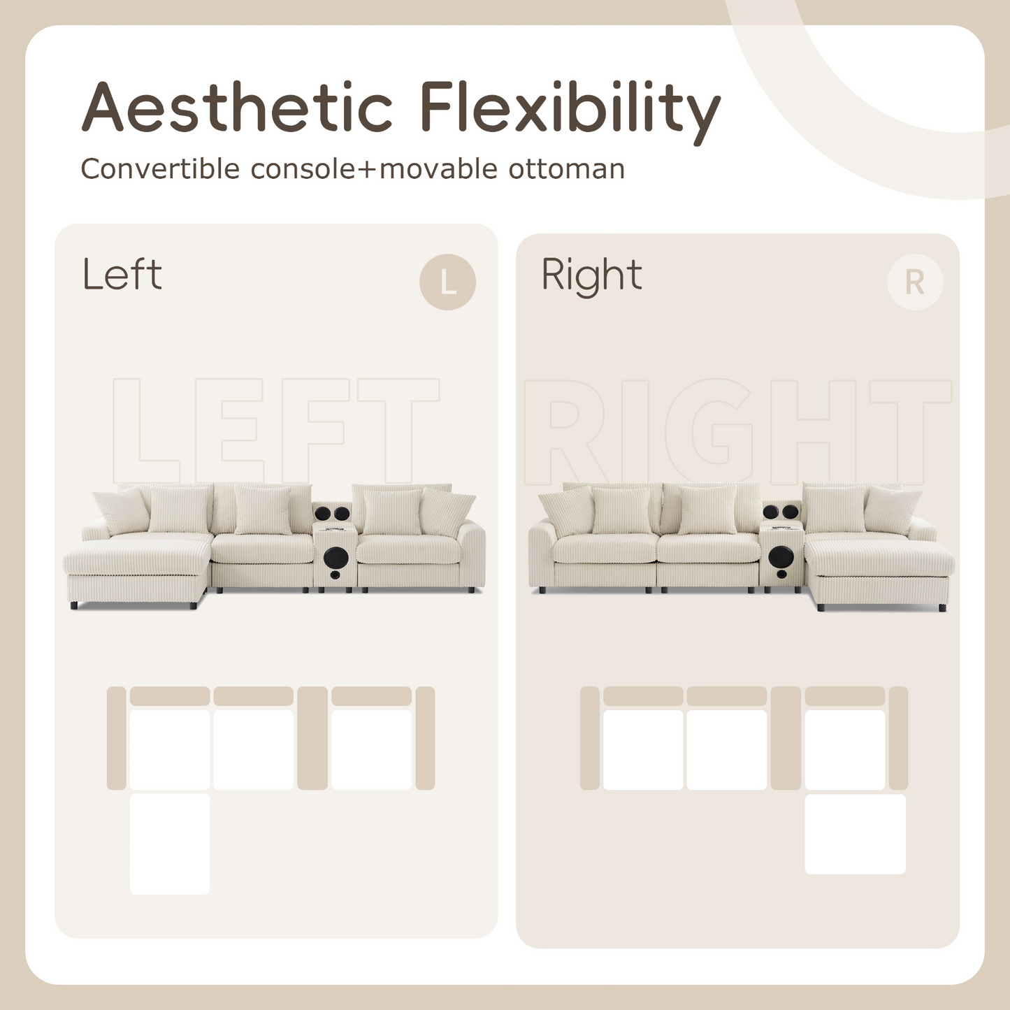 114*64'' Corduroy Sectional Sofa with Bluetooth Speakers,L Shaped Couch with Console,USB Charger,Cup Holders,Storage,Ottoman,Deep and Wide Seat Cloud Sofa for Living Room,Apartment,2 Colors