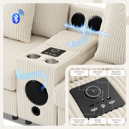 114*64'' Corduroy Sectional Sofa with Bluetooth Speakers,L Shaped Couch with Console,USB Charger,Cup Holders,Storage,Ottoman,Deep and Wide Seat Cloud Sofa for Living Room,Apartment,2 Colors