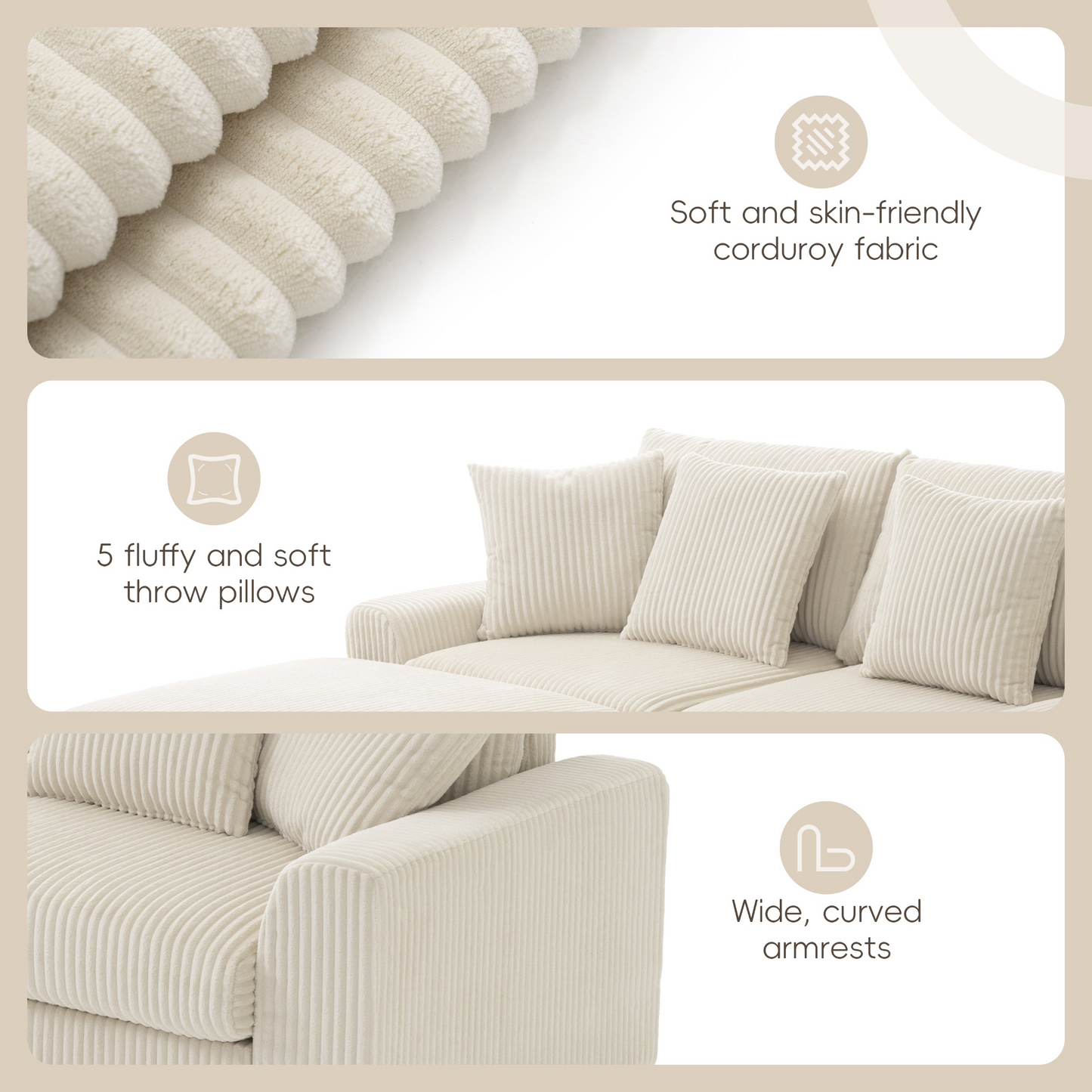 114*64'' Corduroy Sectional Sofa with Bluetooth Speakers,L Shaped Couch with Console,USB Charger,Cup Holders,Storage,Ottoman,Deep and Wide Seat Cloud Sofa for Living Room,Apartment,2 Colors