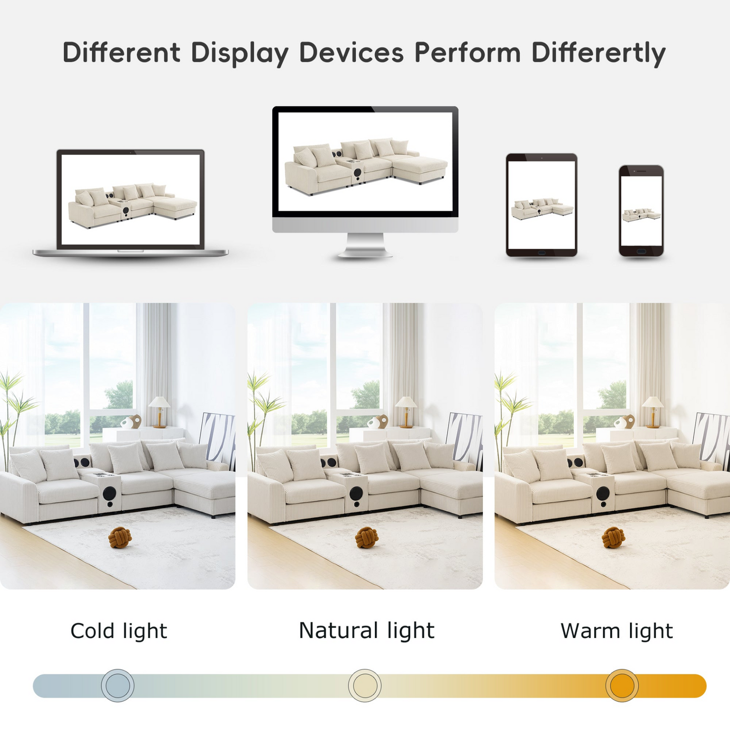 114*64'' Corduroy Sectional Sofa with Bluetooth Speakers,L Shaped Couch with Console,USB Charger,Cup Holders,Storage,Ottoman,Deep and Wide Seat Cloud Sofa for Living Room,Apartment,2 Colors