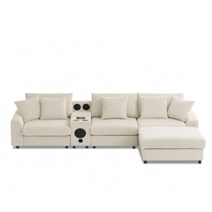 114*64'' Corduroy Sectional Sofa with Bluetooth Speakers,L Shaped Couch with Console,USB Charger,Cup Holders,Storage,Ottoman,Deep and Wide Seat Cloud Sofa for Living Room,Apartment,2 Colors
