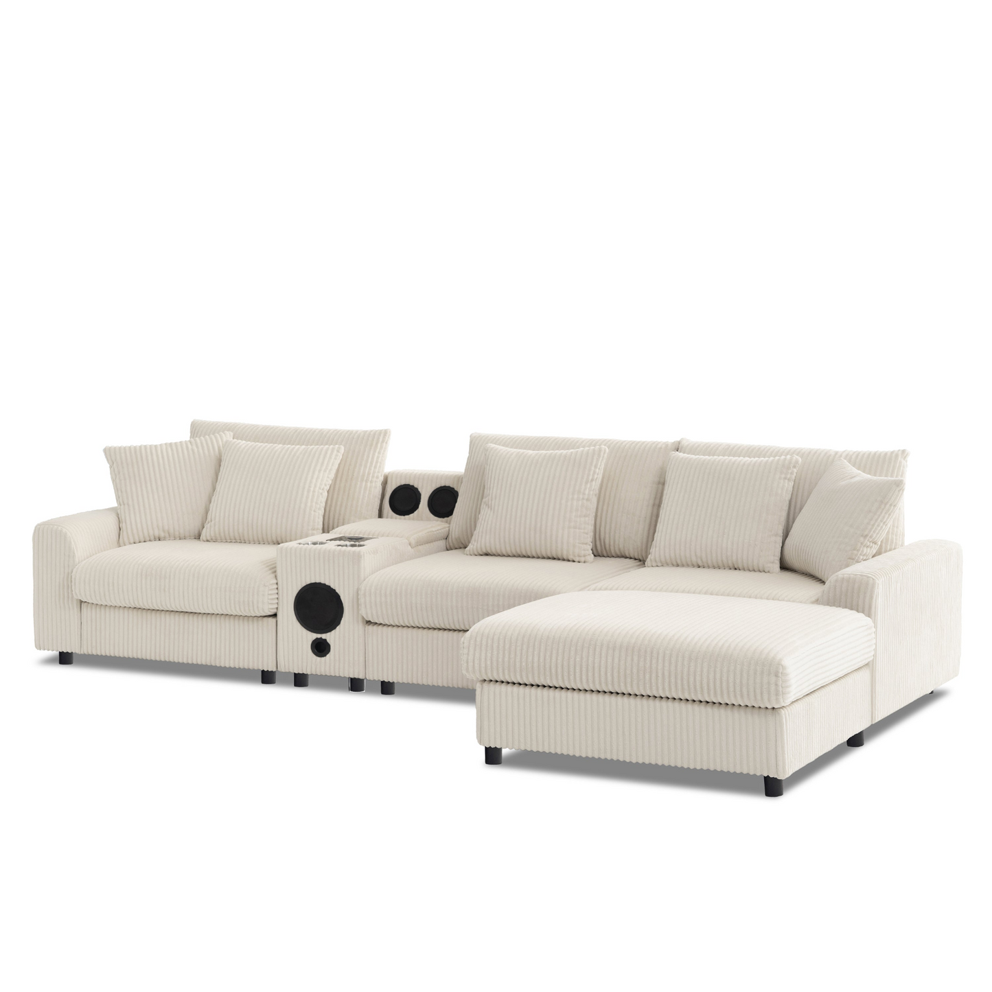 114*64'' Corduroy Sectional Sofa with Bluetooth Speakers,L Shaped Couch with Console,USB Charger,Cup Holders,Storage,Ottoman,Deep and Wide Seat Cloud Sofa for Living Room,Apartment,2 Colors