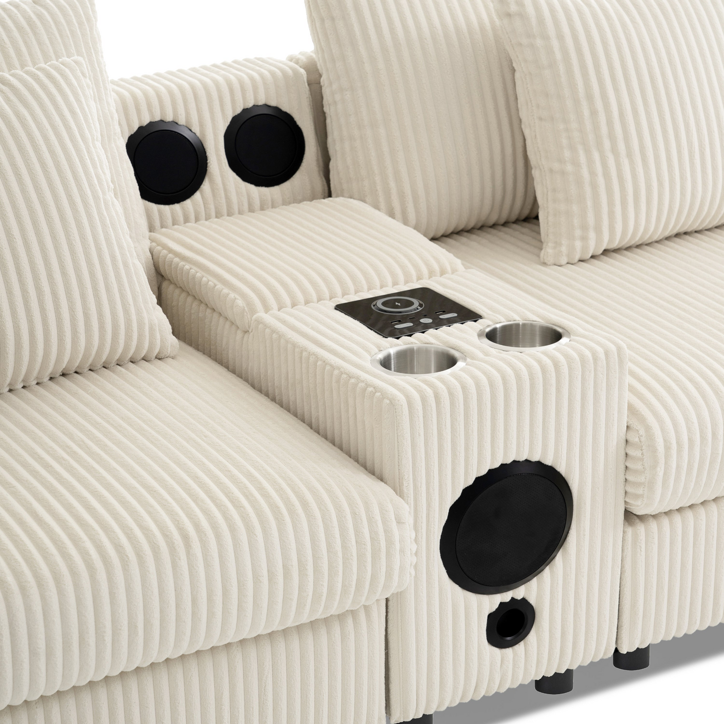 114*64'' Corduroy Sectional Sofa with Bluetooth Speakers,L Shaped Couch with Console,USB Charger,Cup Holders,Storage,Ottoman,Deep and Wide Seat Cloud Sofa for Living Room,Apartment,2 Colors