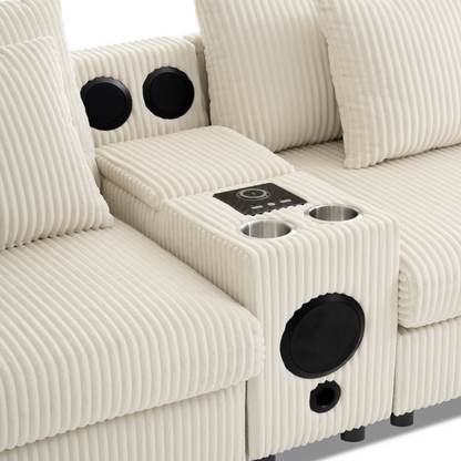 114*64'' Corduroy Sectional Sofa with Bluetooth Speakers,L Shaped Couch with Console,USB Charger,Cup Holders,Storage,Ottoman,Deep and Wide Seat Cloud Sofa for Living Room,Apartment,2 Colors