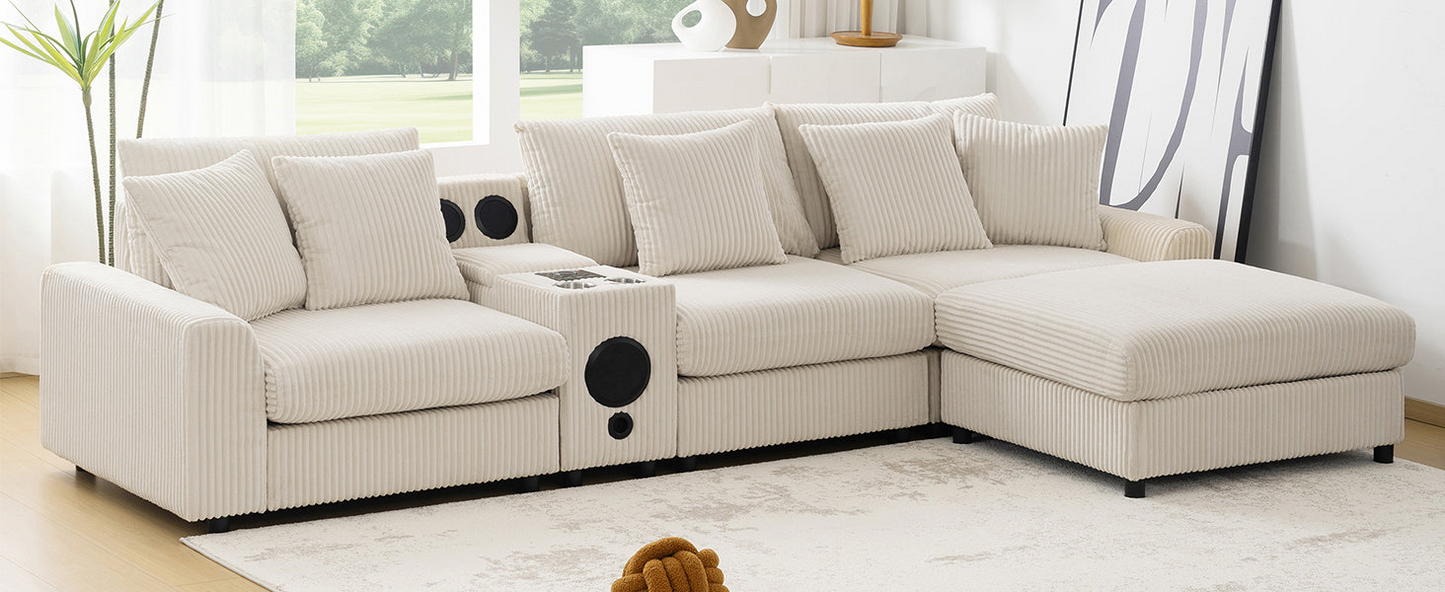 114*64'' Corduroy Sectional Sofa with Bluetooth Speakers,L Shaped Couch with Console,USB Charger,Cup Holders,Storage,Ottoman,Deep and Wide Seat Cloud Sofa for Living Room,Apartment,2 Colors