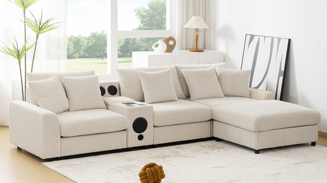 114*64'' Corduroy Sectional Sofa with Bluetooth Speakers,L Shaped Couch with Console,USB Charger,Cup Holders,Storage,Ottoman,Deep and Wide Seat Cloud Sofa for Living Room,Apartment,2 Colors