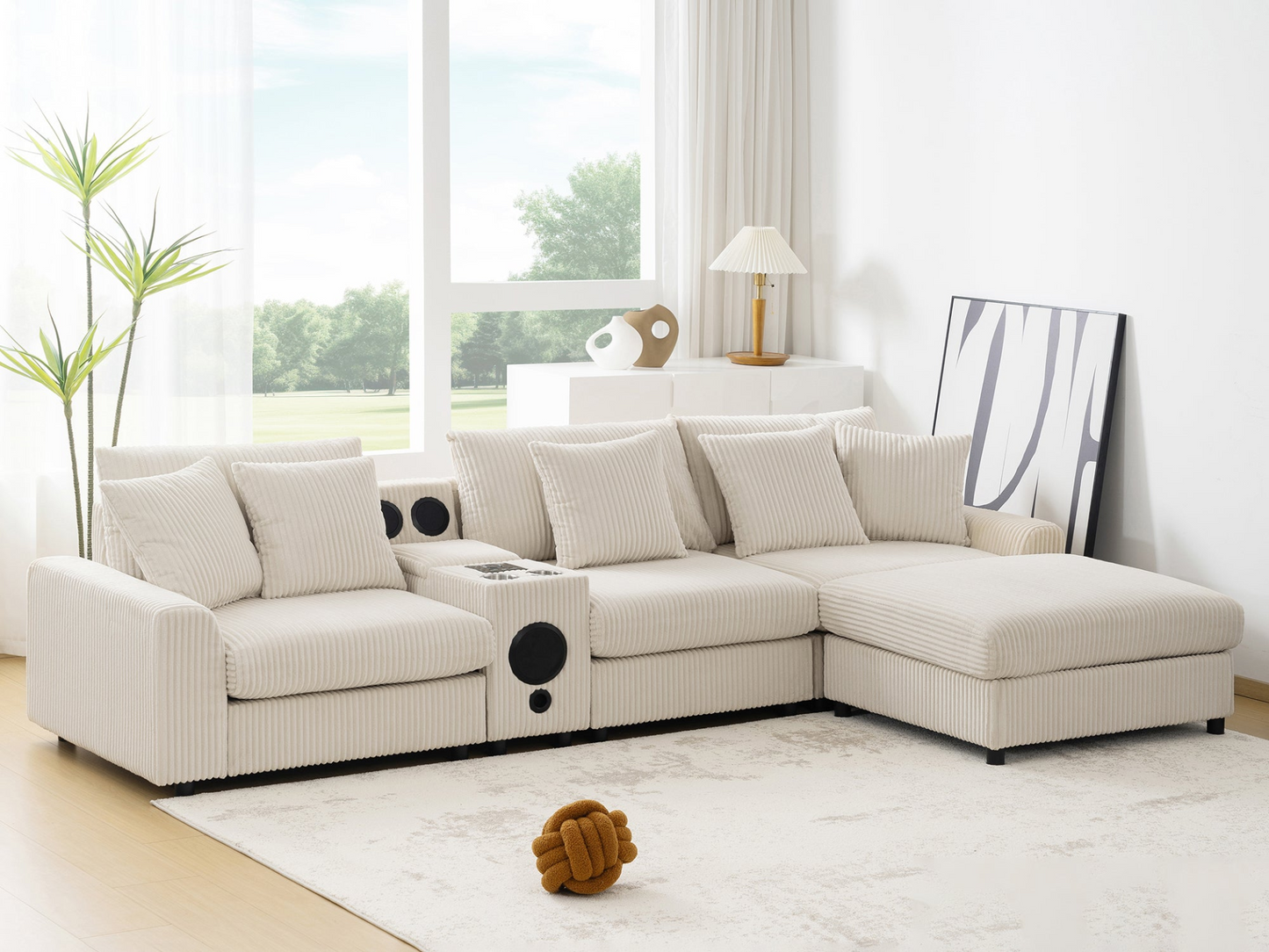 114*64'' Corduroy Sectional Sofa with Bluetooth Speakers,L Shaped Couch with Console,USB Charger,Cup Holders,Storage,Ottoman,Deep and Wide Seat Cloud Sofa for Living Room,Apartment,2 Colors