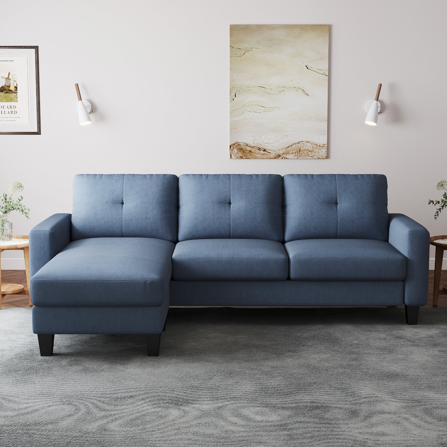 Living Room Furniture with Polyester Fabric L Shape Couch Corner Sofa for Small Space Blue