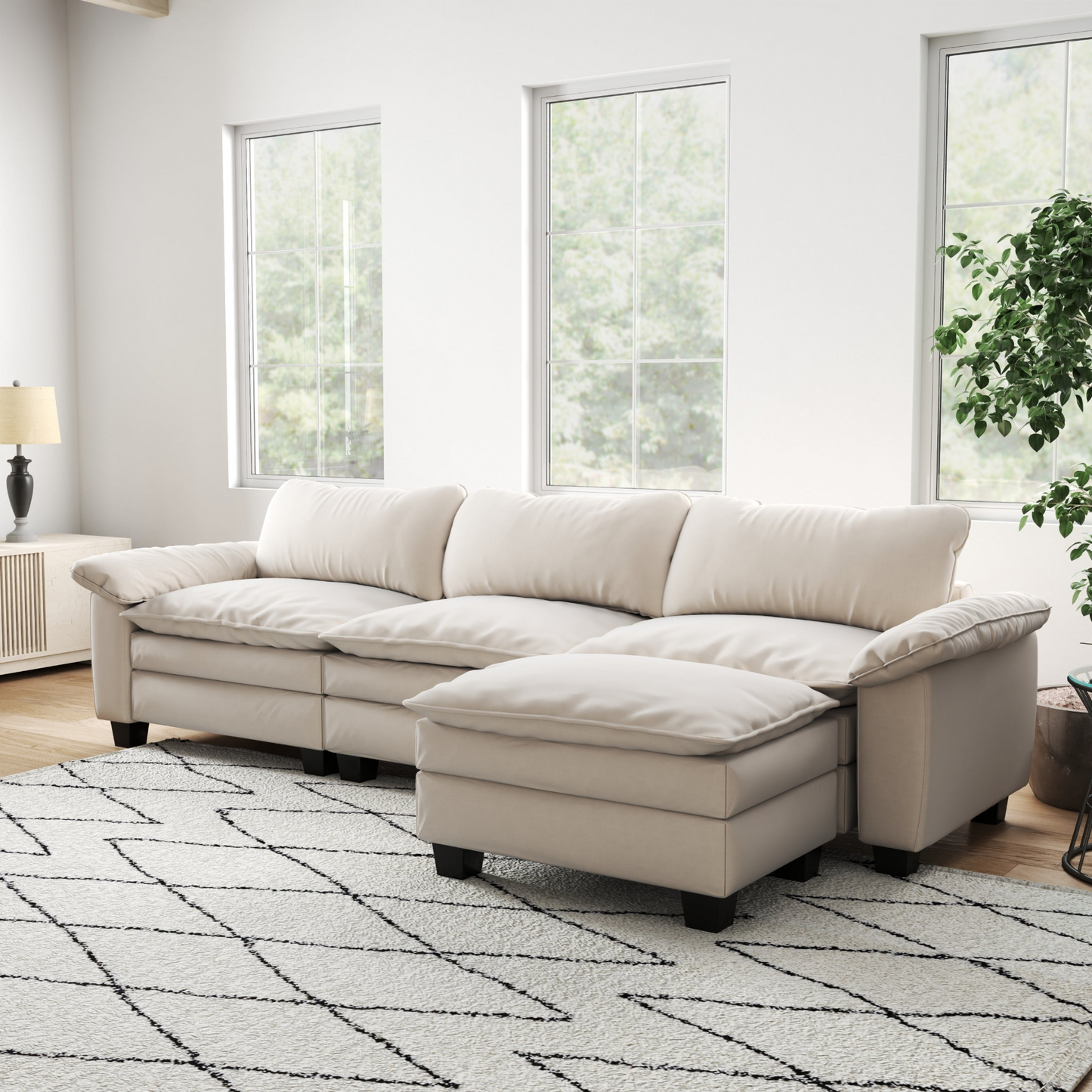 Living Room Furniture Luxury Sectional Sofa Couch with Ottoman Soft Velvet Upholstered Sofa Beige