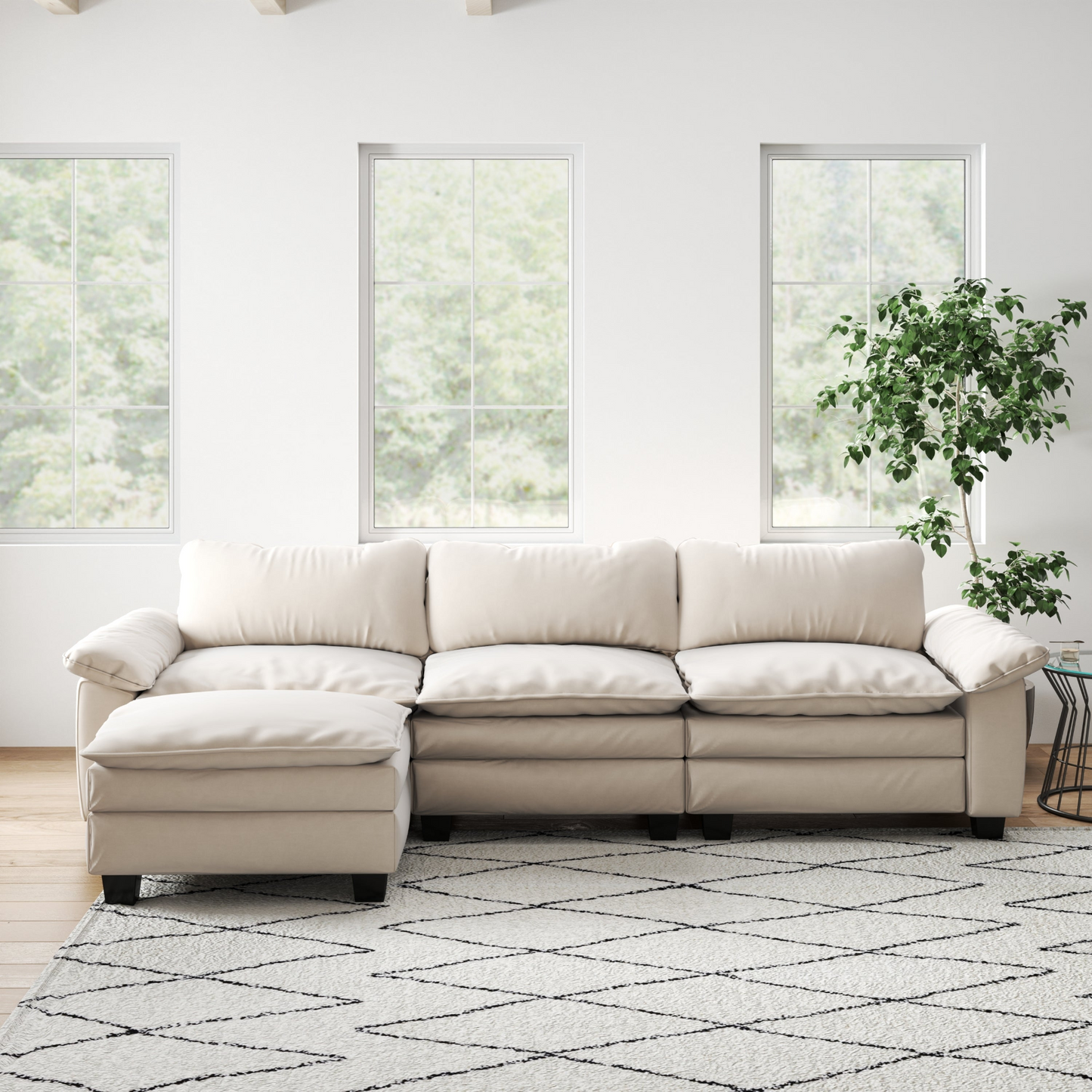 Living Room Furniture Luxury Sectional Sofa Couch with Ottoman Soft Velvet Upholstered Sofa Beige