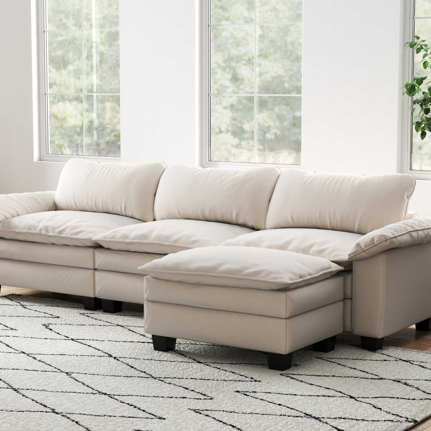 Living Room Furniture Luxury Sectional Sofa Couch with Ottoman Soft Velvet Upholstered Sofa Beige