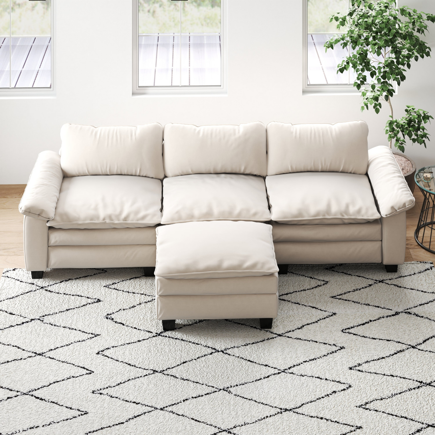Living Room Furniture Luxury Sectional Sofa Couch with Ottoman Soft Velvet Upholstered Sofa Beige