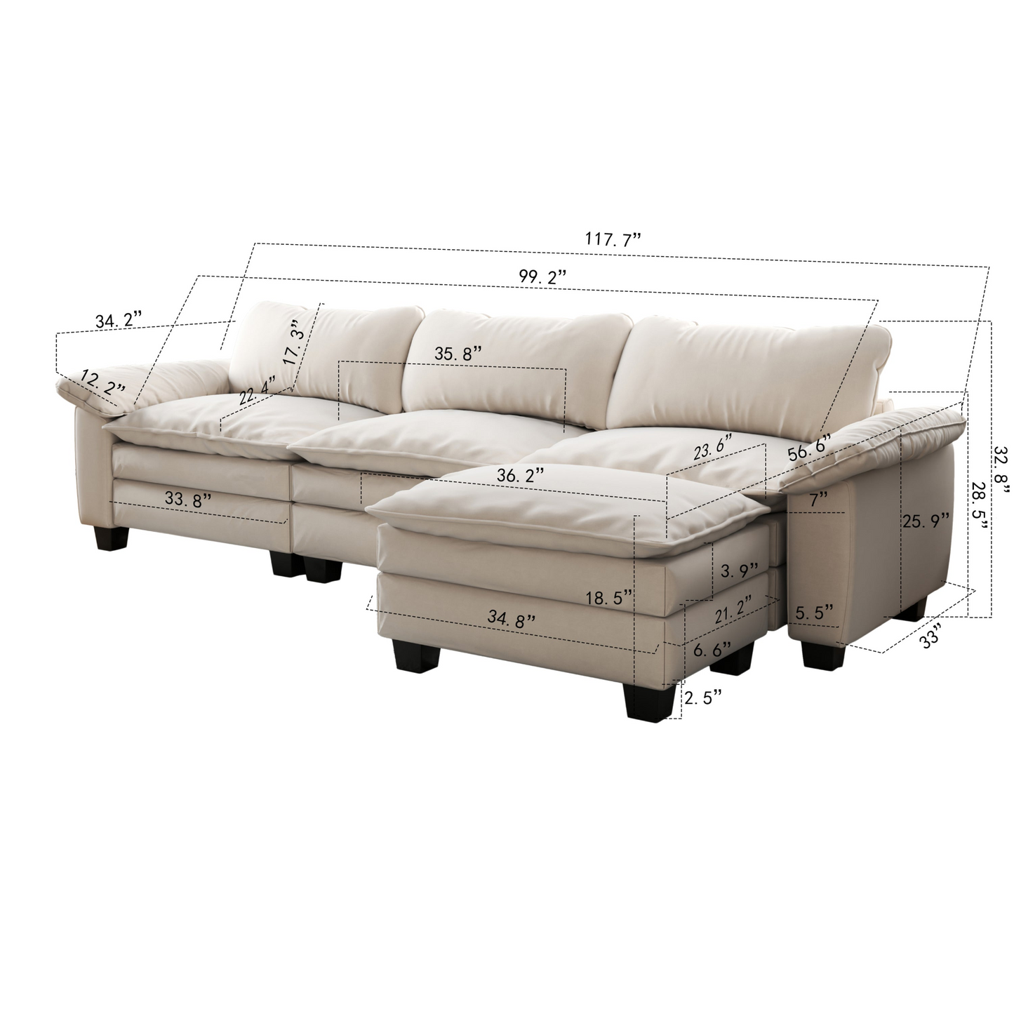 Living Room Furniture Luxury Sectional Sofa Couch with Ottoman Soft Velvet Upholstered Sofa Beige