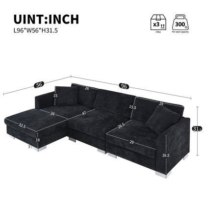 96*56" Modern Cloud Sectional Sofa,L-shaped Luxury Couch Set with 2 Free pillows,4-seat Chenille Indoor Furniture with Oversized Chaise for Living Room,Apartment,Office,3 Colors