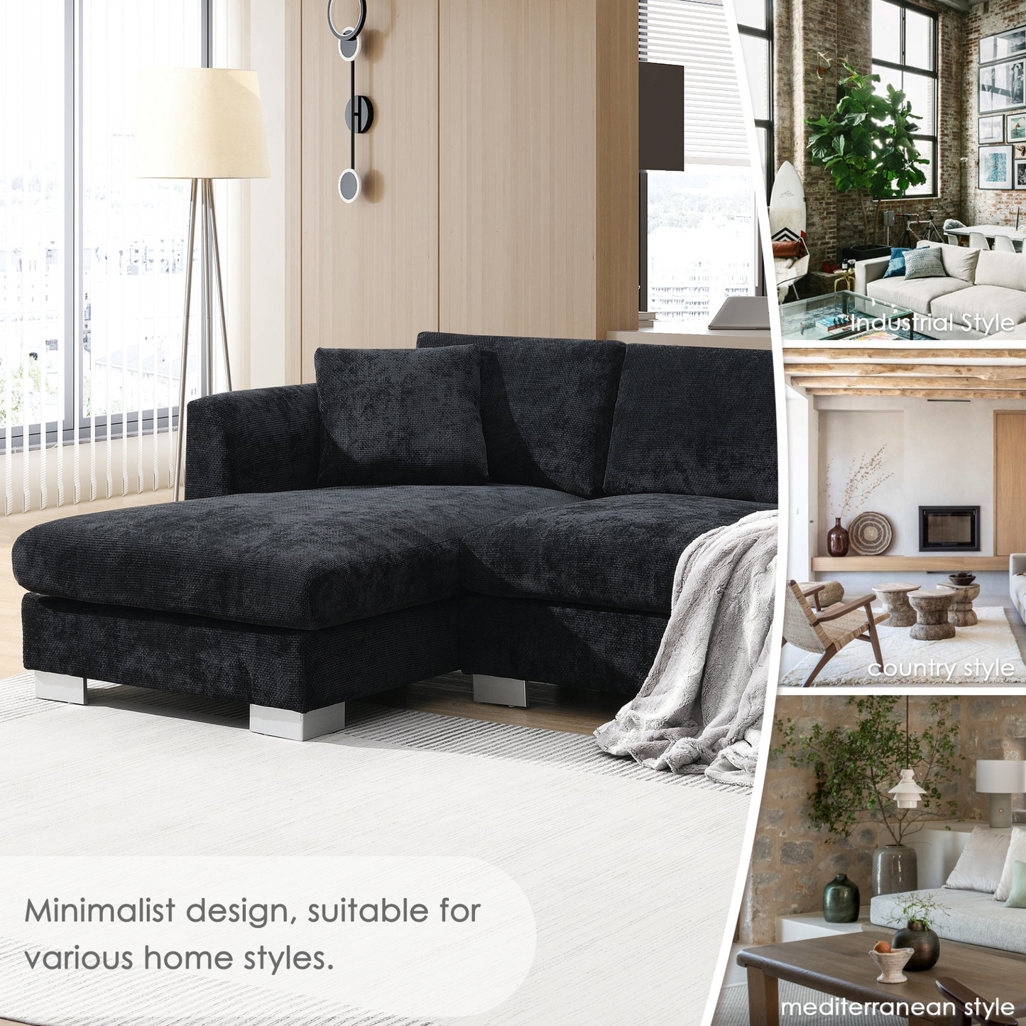 96*56" Modern Cloud Sectional Sofa,L-shaped Luxury Couch Set with 2 Free pillows,4-seat Chenille Indoor Furniture with Oversized Chaise for Living Room,Apartment,Office,3 Colors