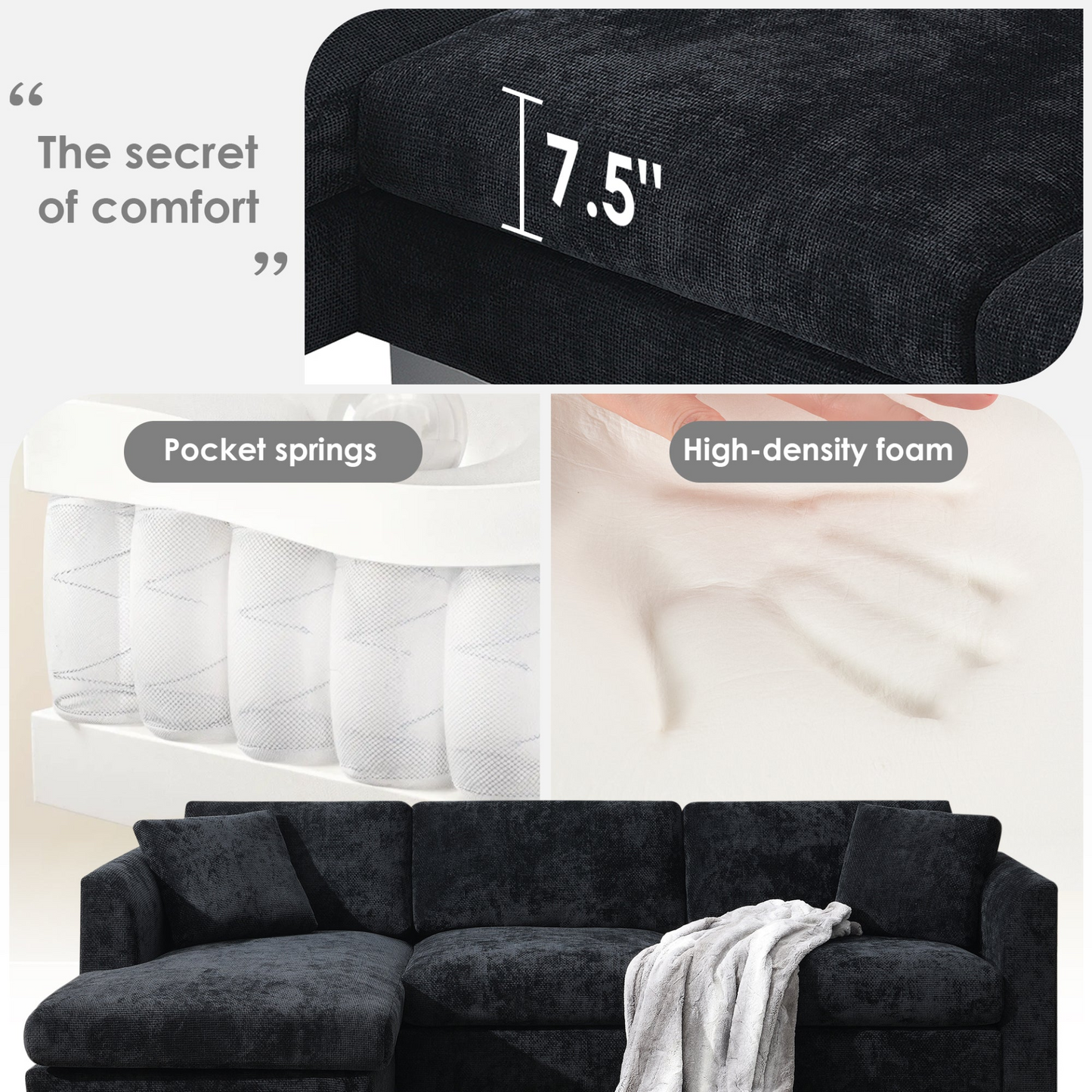 96*56" Modern Cloud Sectional Sofa,L-shaped Luxury Couch Set with 2 Free pillows,4-seat Chenille Indoor Furniture with Oversized Chaise for Living Room,Apartment,Office,3 Colors