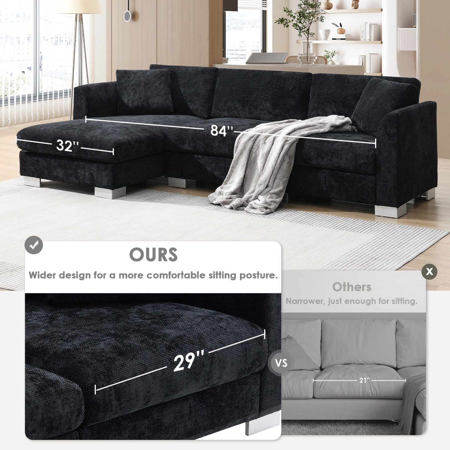 96*56" Modern Cloud Sectional Sofa,L-shaped Luxury Couch Set with 2 Free pillows,4-seat Chenille Indoor Furniture with Oversized Chaise for Living Room,Apartment,Office,3 Colors
