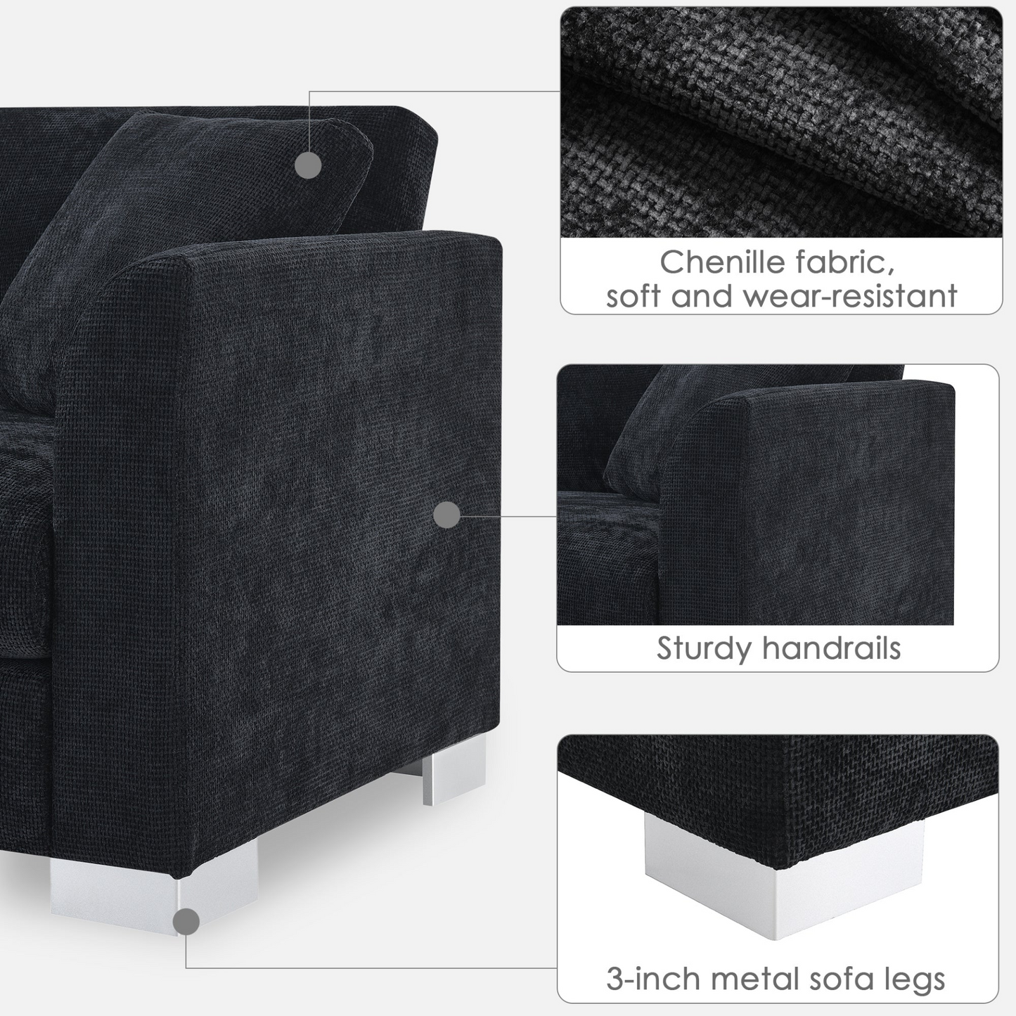 96*56" Modern Cloud Sectional Sofa,L-shaped Luxury Couch Set with 2 Free pillows,4-seat Chenille Indoor Furniture with Oversized Chaise for Living Room,Apartment,Office,3 Colors