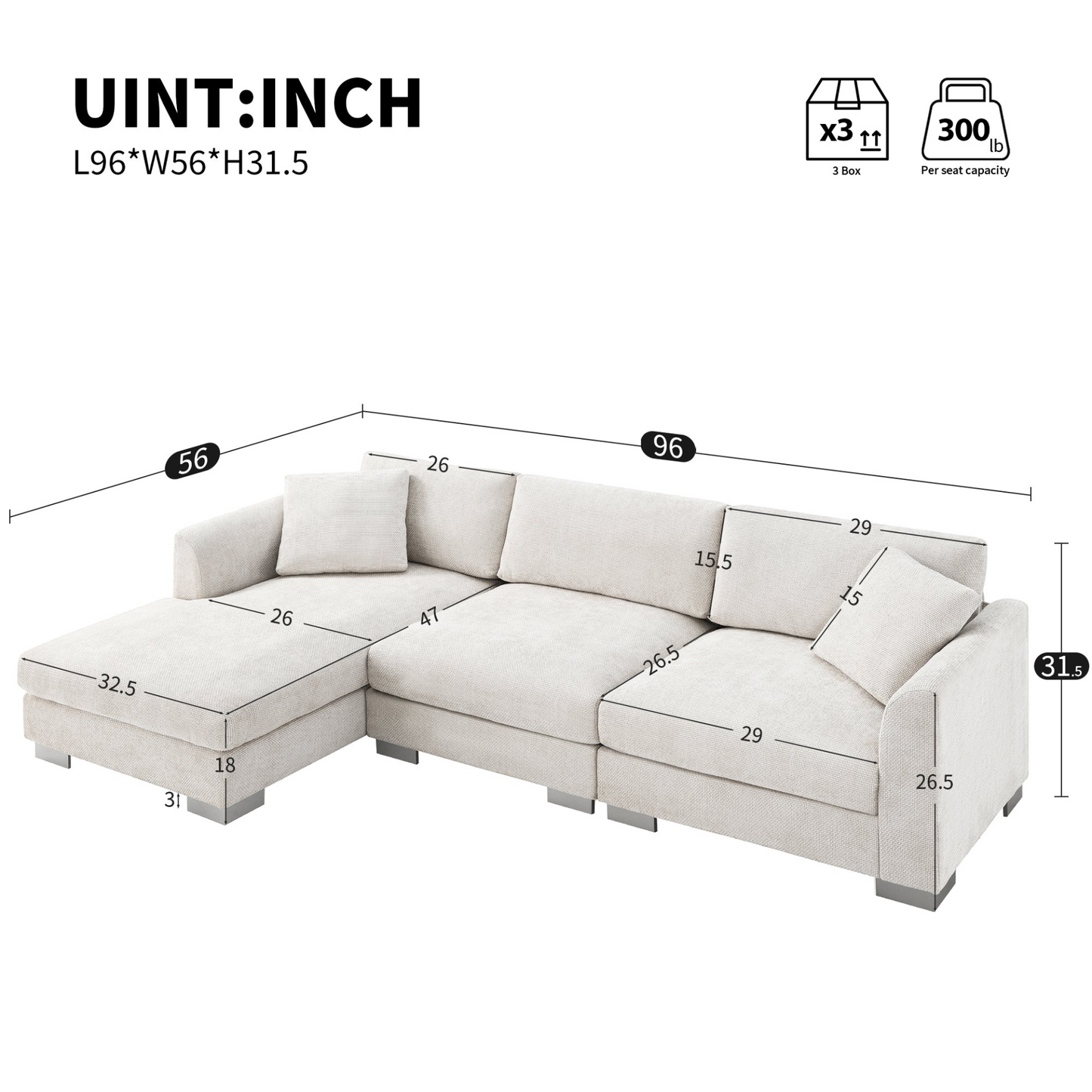 96*56" Modern Cloud Sectional Sofa,L-shaped Luxury Couch Set with 2 Free pillows,4-seat Chenille Indoor Furniture with Oversized Chaise for Living Room,Apartment,Office,3 Colors