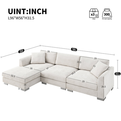 96*56" Modern Cloud Sectional Sofa,L-shaped Luxury Couch Set with 2 Free pillows,4-seat Chenille Indoor Furniture with Oversized Chaise for Living Room,Apartment,Office,3 Colors
