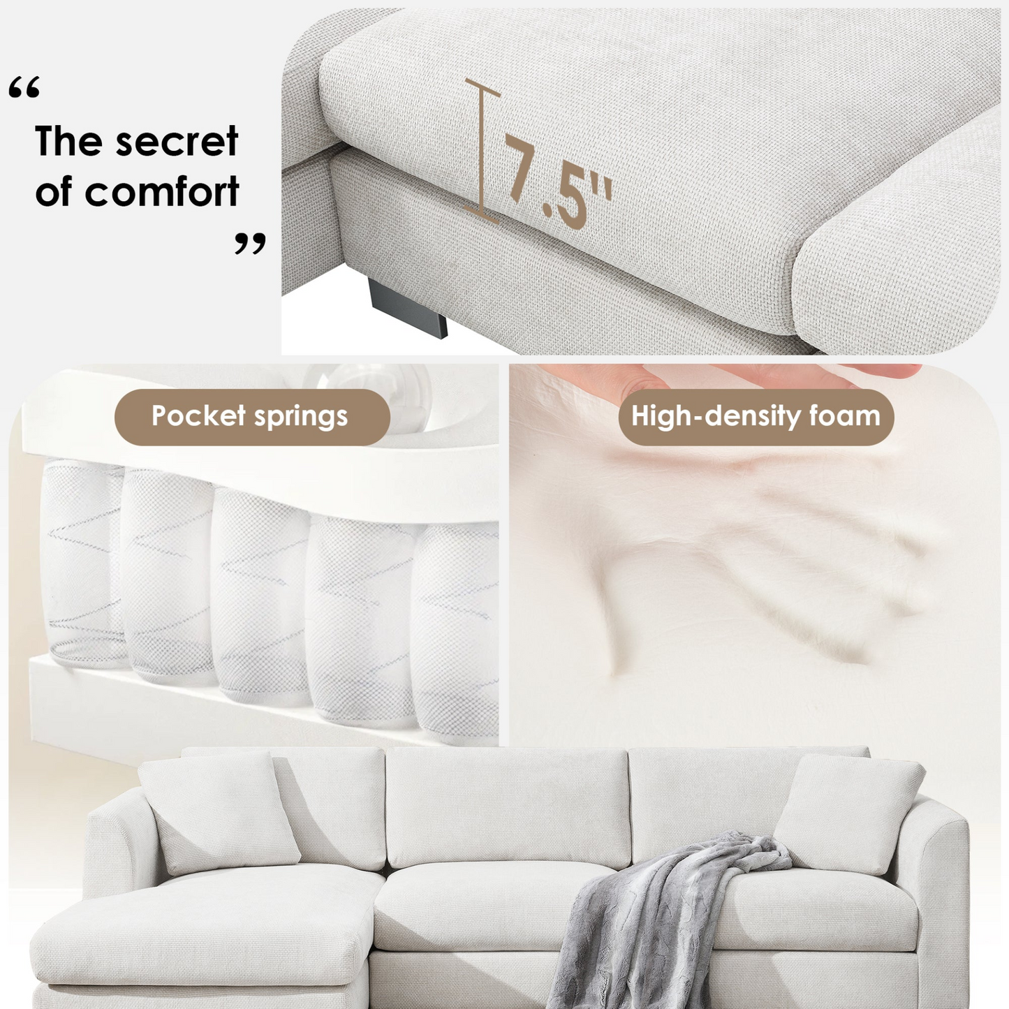 96*56" Modern Cloud Sectional Sofa,L-shaped Luxury Couch Set with 2 Free pillows,4-seat Chenille Indoor Furniture with Oversized Chaise for Living Room,Apartment,Office,3 Colors