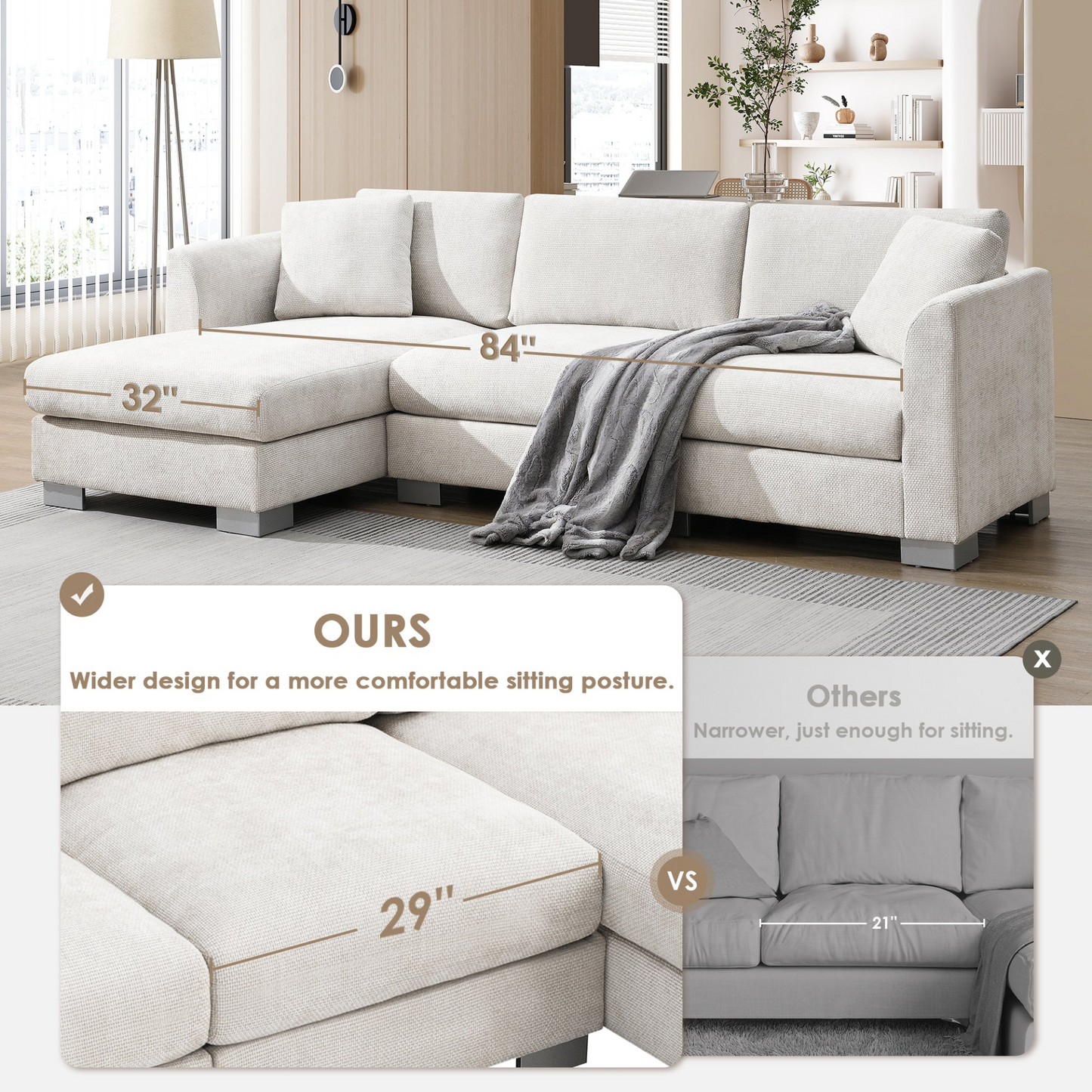 96*56" Modern Cloud Sectional Sofa,L-shaped Luxury Couch Set with 2 Free pillows,4-seat Chenille Indoor Furniture with Oversized Chaise for Living Room,Apartment,Office,3 Colors