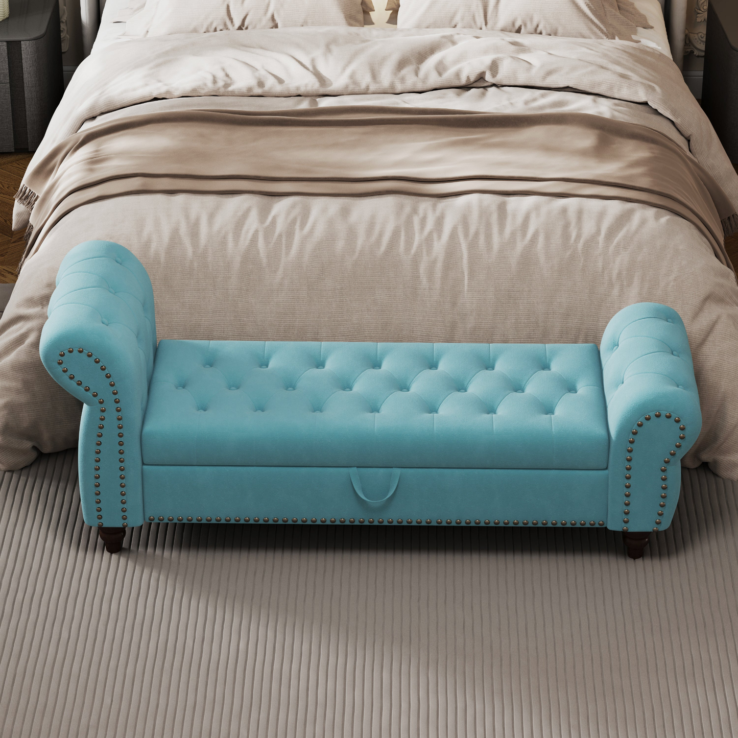64.5" Bed Bench for Bed Room Nails Tufted Chaise of Lounge with Storage Velvet Upholstery Lake Blue