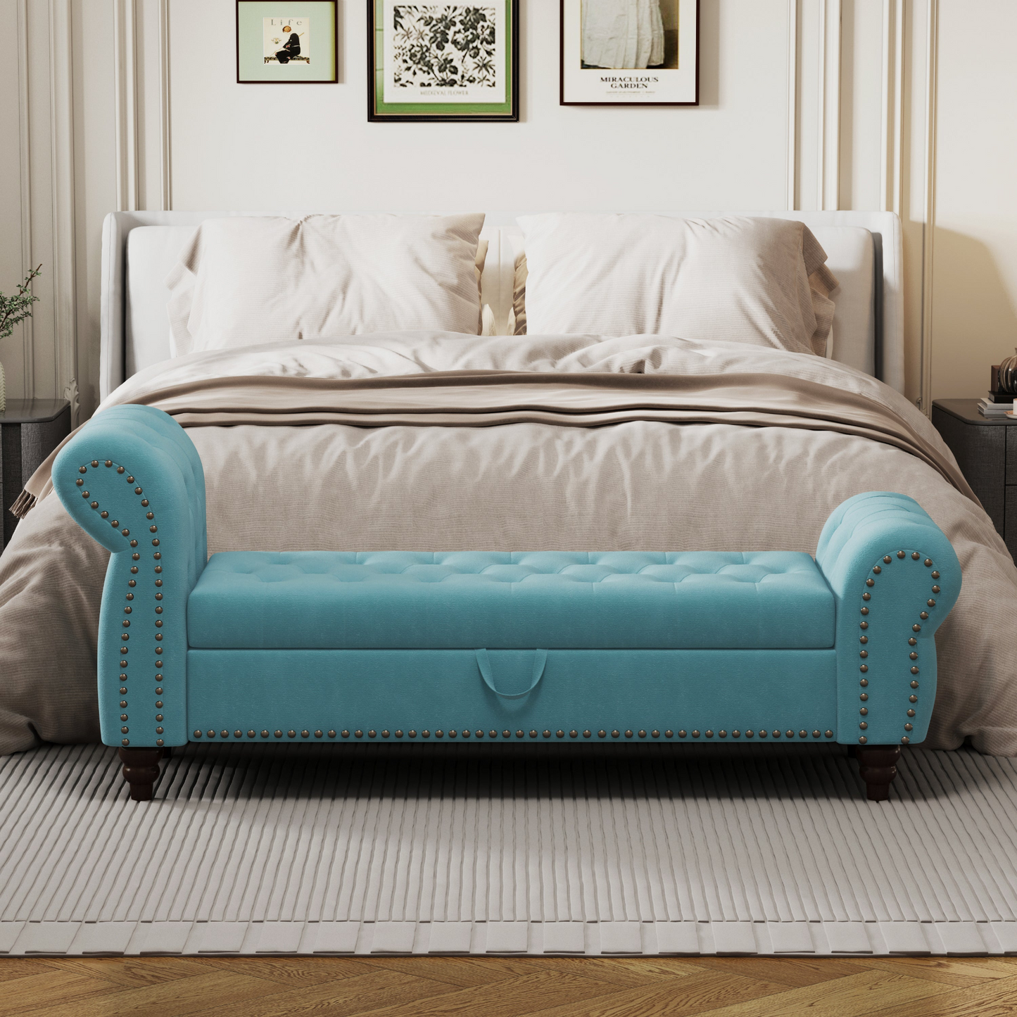 64.5" Bed Bench for Bed Room Nails Tufted Chaise of Lounge with Storage Velvet Upholstery Lake Blue