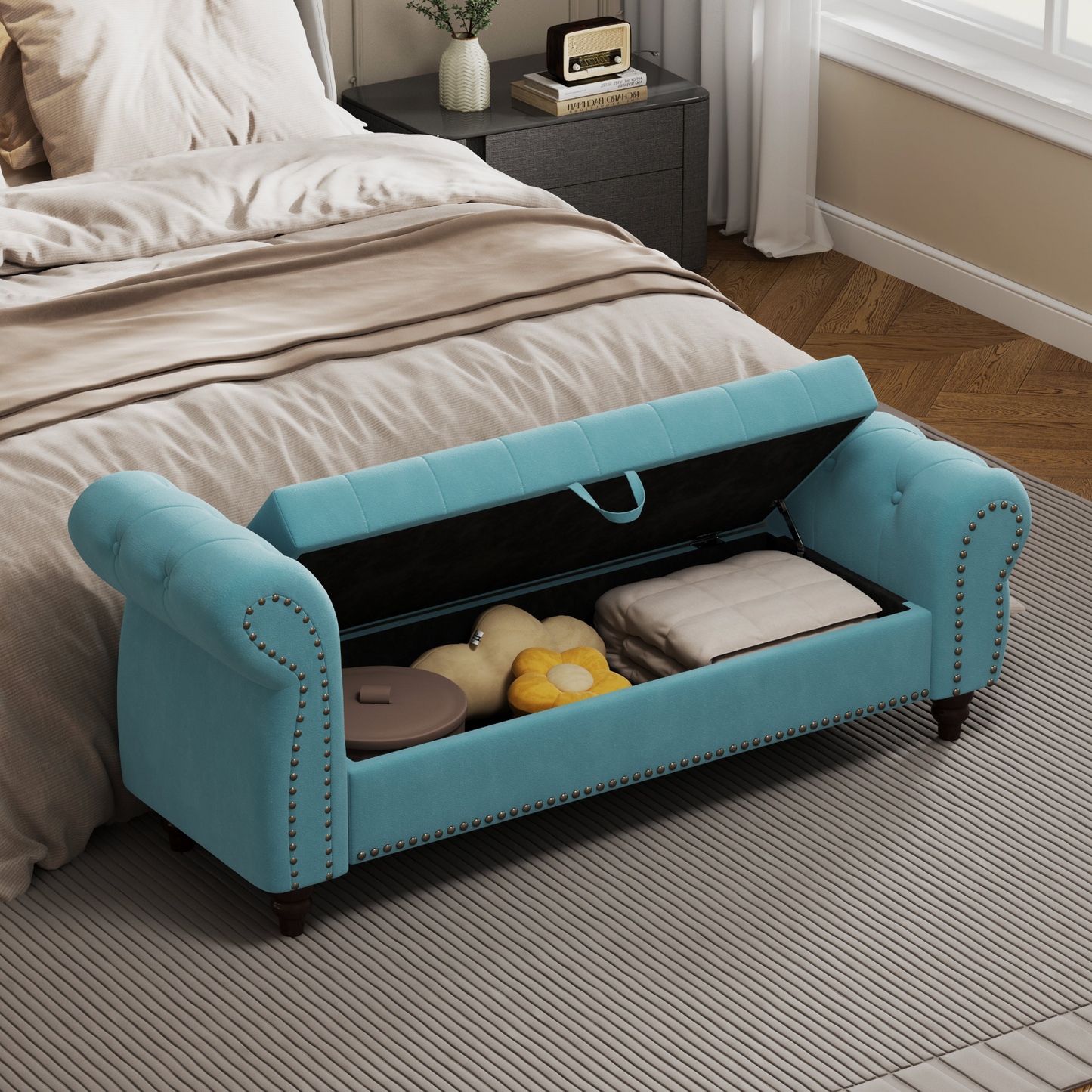 64.5" Bed Bench for Bed Room Nails Tufted Chaise of Lounge with Storage Velvet Upholstery Lake Blue