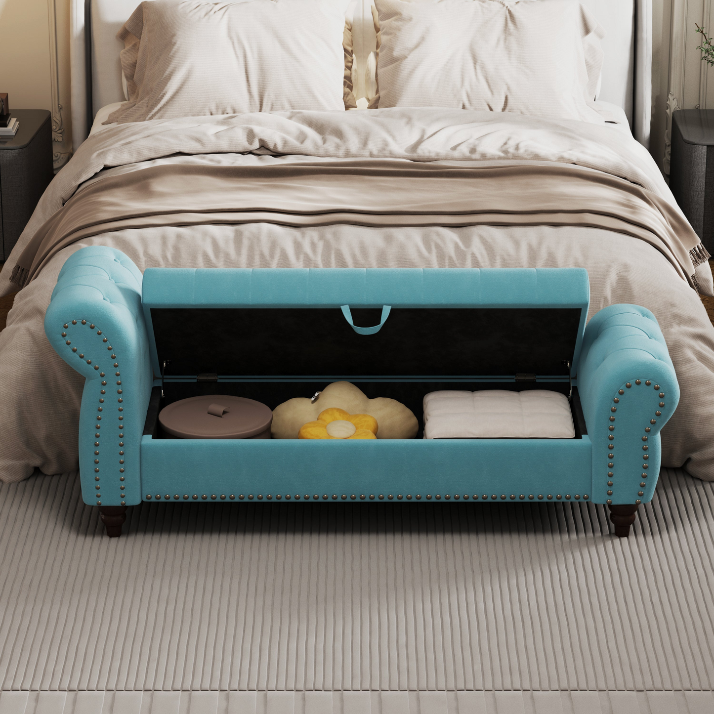 64.5" Bed Bench for Bed Room Nails Tufted Chaise of Lounge with Storage Velvet Upholstery Lake Blue