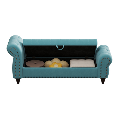 64.5" Bed Bench for Bed Room Nails Tufted Chaise of Lounge with Storage Velvet Upholstery Lake Blue