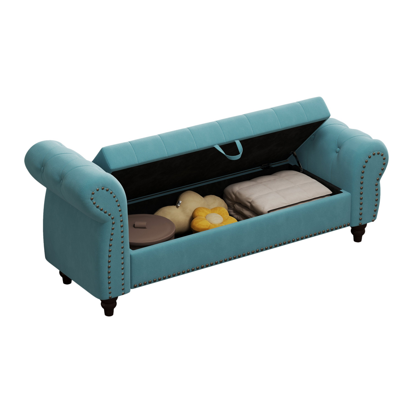 64.5" Bed Bench for Bed Room Nails Tufted Chaise of Lounge with Storage Velvet Upholstery Lake Blue