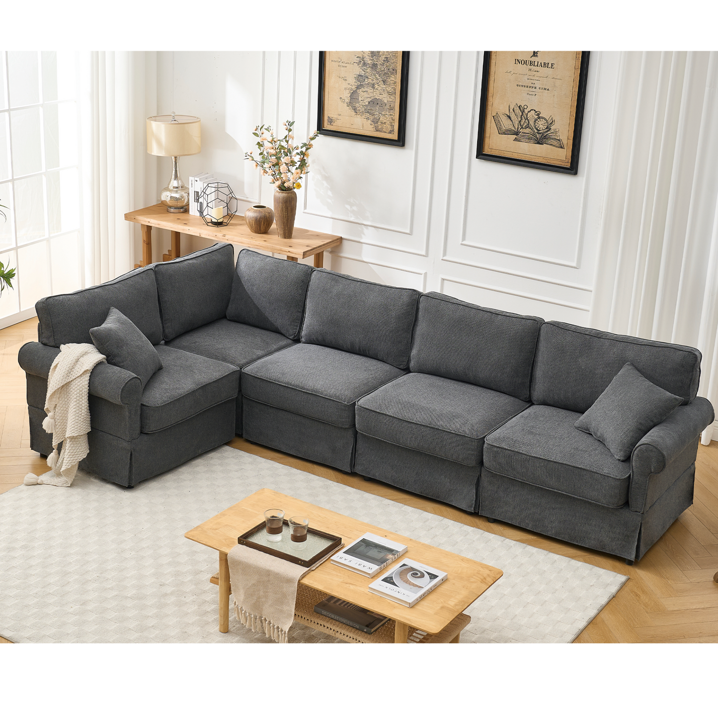 Modular Sectional Sofa Set,Convertible L Shaped Couch ,5 Seat,Reversible Sectional Sofa Couch,Upholstered,Corner Sofa,Rolled Arms,Soft Linen Fabric, Dark gray