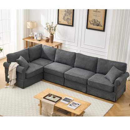 Modular Sectional Sofa Set,Convertible L Shaped Couch ,5 Seat,Reversible Sectional Sofa Couch,Upholstered,Corner Sofa,Rolled Arms,Soft Linen Fabric, Dark gray